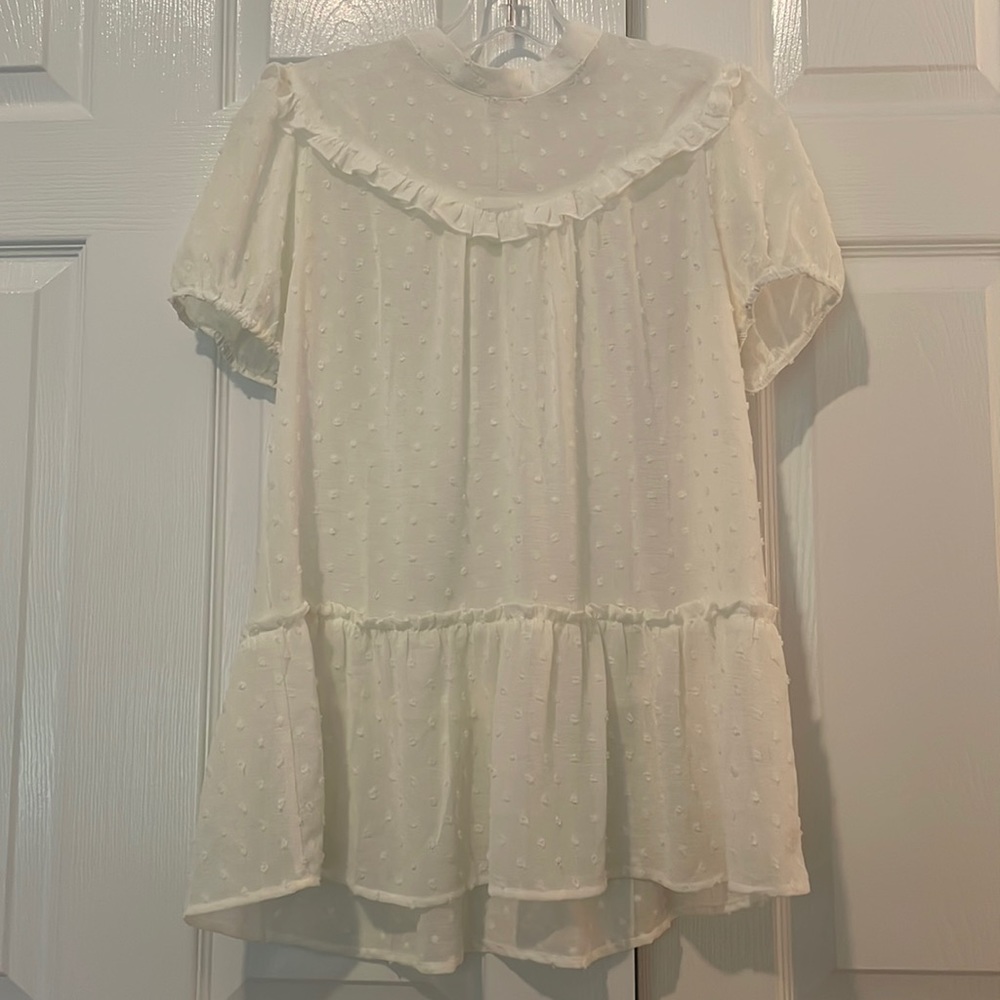 Anthropologie Ivory Mock Neck Puff Sleeve Swing Top